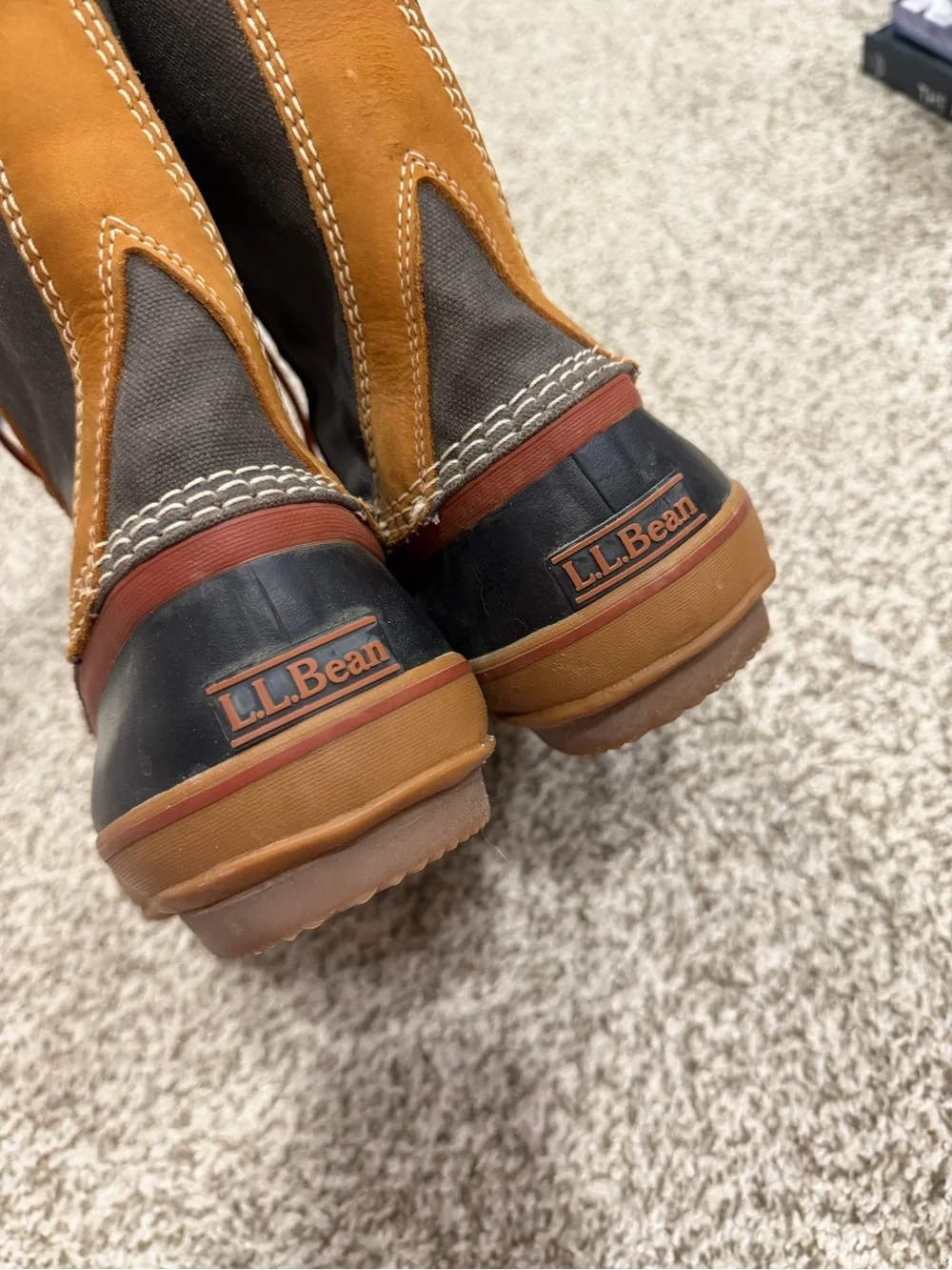 L.L. Bean Kids Waterproof Duck Boots in Gray, Tan & Black with Red Laces